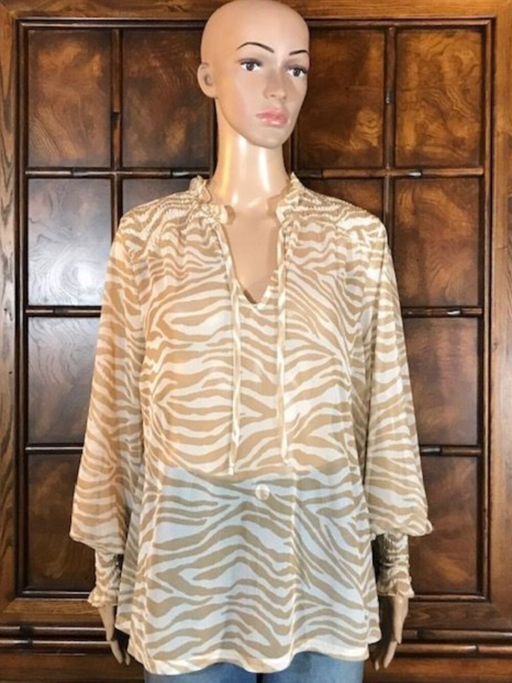 Chico's Warm Sand Zebra Mesh Knit Tie V-neck Smocked Semi Sheer Top